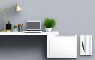 Ordentlich organisierter Schreibtisch mit Laptop, Stift und Notizblock, ideal fuer das Erstellen von Bewerbungen.