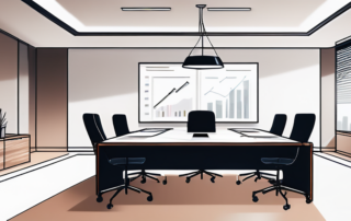 Professioneller Besprechungsraum mit Dokumenten, Laptop und Stiften fuer Gehaltsverhandlungen, helle Beleuchtung und moderne Dekoration.