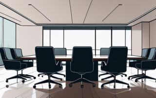 Ruhiger Konferenzraum mit elegant angeordnetem Besprechungstisch und Stuehlen, ideal fuer professionelle Verhandlungen, moderne Dekoration und subtile Toene foerdern erfolgreiche Geschaeftsabschluesse.