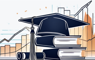 Absolventenhut vor ansteigenden Finanzdiagrammen, symbolisiert positiven Einfluss hoeherer Bildung auf Einstiegsgehaelter.