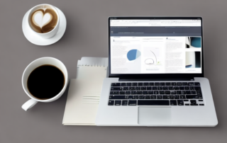 Ordentlicher Schreibtisch mit Laptop, Notizblock, Stift und Kaffeetasse fuer berufliche Bewerbungsvorbereitung.