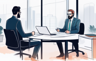 Verhandlungstisch mit zwei Personen in einer professionellen Bueroatmosphaere, Diskussion ueber Gehalt mit Dokumenten und digitalen Geraeten.