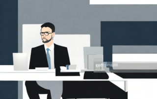 Professioneller sitzt am Schreibtisch, diskutiert selbstbewusst im modernen Buero.