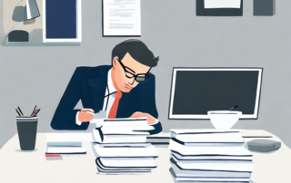 Professioneller am Schreibtisch mit Laptop, Buerozubehoer, Dokumentenstapel und Kaffeetasse, bereit fuer wichtige Verhandlung.