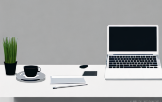 Professionelle Schreibtischecke mit Laptop und ordentlich organisiertem Lebenslauf im Buero.