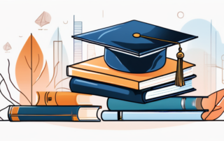 Bildungsbuecher und Abschlusskappen fuer diverse Studienrichtungen mit Symbolen fuer lukrative Karrierewege.