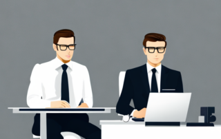 Selbstbewusster Mann im Anzug, sitzt an modernem Schreibtisch mit Laptop und Dokumenten, bereit fuer Gehaltsverhandlung.