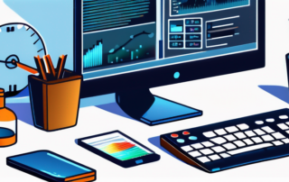 Moderne Bueroeinrichtung mit High-Tech-Gadgets und Werkzeugen fuer effizientes Arbeiten im Bereich Buchhaltung, inklusive Taschenrechner, Finanzdokumenten und Laptop.