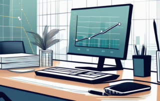 Sauberer, minimalistischer Bueroeinrichtung mit Schwerpunkt auf Finanzdiagrammen, Taschenrechnern und eleganten Schreibtischaccessoires fuer Produktivitaet und Finanzplanung.