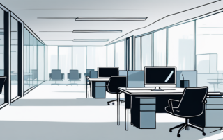 Modernes Buero mit High-Tech Computern und minimalistischen Moebeln, symbolisiert prestigetraechtige Berufe mit hohen Einstiegsgehaeltern in Deutschland.