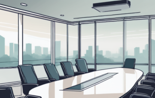 Bueroumgebung mit Konferenztisch und bequemen Stuehlen fuer Verhandlungen, digitaler Bildschirm zeigt Daten fuer Gehaltsgespraeche.