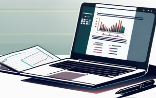Moderne Bueroeinrichtung mit Laptop, Notizblock, Stift und Diagrammen zum finanziellen Wachstum, betont produktive und erfolgreiche Arbeitsumgebung.