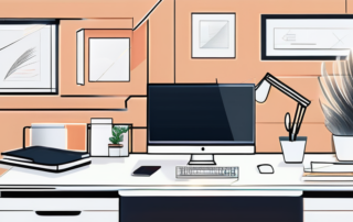 Elegantes, modernes Buero-Setup mit schickem Schreibtisch, High-Tech-Geraeten, minimalistischer Dekor und indirekter Beleuchtung, die eine motivierende Arbeitsatmosphaere schafft.