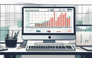 Serener, organisierter Bueroarbeitsplatz mit modernem Schreibtisch, Finanzdiagrammen, Taschenrechner und Laptop auf Tabellenkalkulation fuer strategische Finanzplanung und Verhandlung.
