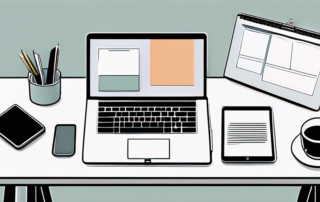 Bueroumgebung mit modernem Schreibtisch, Laptop, Notizblock und digitalem Tablet, ordentlich angeordnet fuer produktive Arbeit und Karriereförderung.