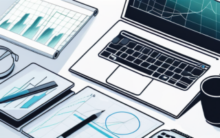 Modernes Buero mit zeitgenoessischer Technologie fuer effiziente Finanzplanung und Gehaltsmanagement, einschliesslich Laptop, Finanzdiagrammen und Rechner.