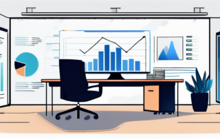 Modernes Buero mit organisiertem Schreibtisch, Laptop auf Praesentationsfolie, umgeben von Diagrammen und Geschaeftsberichten, zeigt strategische Planung im professionellen Umfeld.