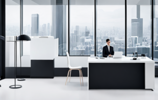 Professionelle Umgebung mit gut gekleideter Person in modernem Buero, die Dokumente prueft.