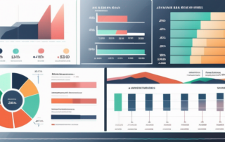 Diverse Balkendiagramme und Tortendiagramme zur Darstellung von Durchschnittsgehaeltern in verschiedenen Branchen und Regionen mit farblichen Unterschieden