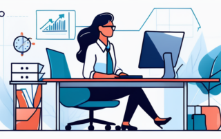 Modernes Buero mit Rechner, Grafiken und Aktentaschen, symbolisiert Einstiegsgehaelter und Foerderung von Frauen im Berufsleben.