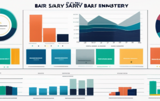 Bunte Tortendiagramme und Balkendiagramme zeigen Gehaltsspannen in verschiedenen Branchen zur Visualisierung realistischer Gehaltserwartungen.