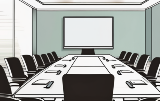 ALT-Tag: Elegante Konferenzraum-Einrichtung mit komfortablen Stuehlen und einem modernen digitalen Praesentationsbildschirm, ideal fuer erfolgreiche Verhandlungen.