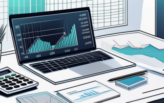 Moderne Buero-Umgebung mit offenem Laptop, der Grafiken anzeigt, und einem nebenstehenden Taschenrechner fuer Finanzanalyse und Gehaltsmanagement.