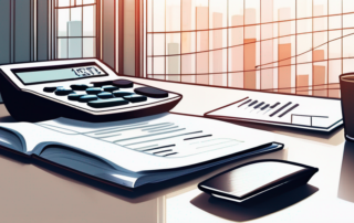 Bueroumgebung mit Finanzdiagrammen, Taschenrechner und Steuerdokumenten auf einem Schreibtisch, sanft beleuchtet durch natuerliches Licht.