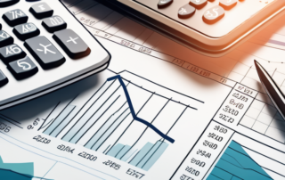 Nahaufnahme eines Taschenrechners und Finanzdokumenten mit Zahlen und Diagrammen fuer Steuerbuchhaltung und Gehaltsmanagement in einem Buero.