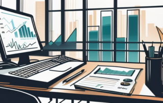 Finanzielle Dokumente, Taschenrechner und Symbole fuer Wachstum wie Pfeile und Grafiken in einem organisierten Buero zur Einkommenssteigerung im Steuerberaterbereich.