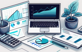 Bueroumgebung mit Finanzdokumenten, Gehaltstrenddiagrammen und Werkzeugen wie Taschenrechnern und Laptops fuer Finanzplanung und -analyse.