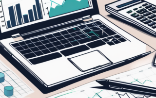 Professioneller Arbeitsplatz mit Laptop, der Diagramme zeigt, Notizblock und Taschenrechner fuer Finanzplanung und Analyse.