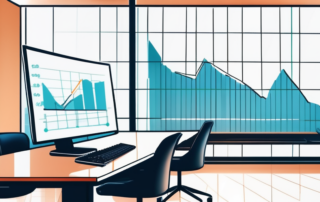 Modernes Buero mit digitalem Display, das finanzielle Aufwaertstrends zeigt, und einem Taschenrechner, Symbol fuer strategische Finanzplanung.
