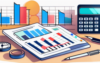 Finanzwerkzeuge auf einem Schreibtisch mit Taschenrechner, Diagrammen und Grafiken fuer sorgfaeltige Finanzplanung und Strategieentwicklung.