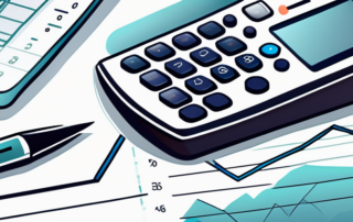 Nahaufnahme eines Taschenrechners, Finanzdiagramme und Dokumente, die Strategien und Werkzeuge fuer Finanzplanung und Gehaltsoptimierung symbolisieren.
