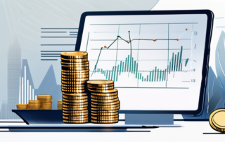 Nahaufnahme gestapelter Muenzen die finanzielles Wachstum symbolisieren, neben einem Buero-Schreibtisch mit modernen digitalen Werkzeugen wie Tablet und Taschenrechner, die auf professionelle Arbeit und innovative Finanzstrategien hinweisen.