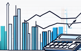 Grafik mit aufwaertsgerichteten Linien fuer finanzielles Wachstum, neben Finanzdokumenten und Taschenrechner zur Betonung von strategischer Planung und Tracking.