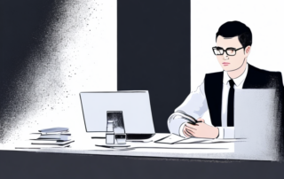 selbstbewusster profi in formeller kleidung am schreibtisch mit ordentlich organisiertem arbeitsbereich bespricht gehaltsvorstellungen im vorstellungsgespraech