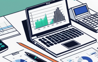 Schreibtisch Nahaufnahme mit Laptop, der Diagramme zeigt, Dokumente, Rechner und Stift, symbolisiert Gehaltsbewertungen in Unternehmen.