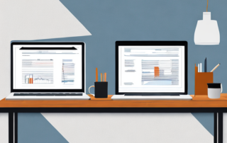 Buerosetting mit Holzschreibtisch, modernem Laptop und organisierten Dokumenten fuer Gehaltsgespraech.