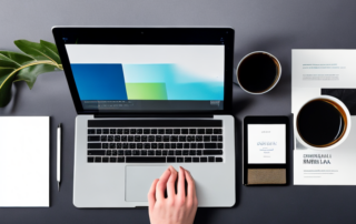 Professionelles Arbeitsumfeld mit Laptop, Notizblock und Kaffeetasse fuer strategische Planung und effektive Gehaltsverhandlung.