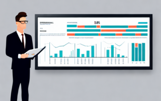 Bild eines selbstbewussten Geschaeftsprofis, der einen gut organisierten Gehaltsvorschlag in einer Besprechung praesentiert, mit Diagrammen und Grafiken auf einem Bildschirm im Hintergrund.