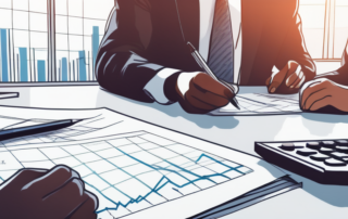 Nahaufnahme eines beruflichen Meetings mit Mitarbeitern, die Dokumente ueber Strategien fuer hoehere Einstiegsgehaelter diskutieren, mit Taschenrechner und Finanzdiagrammen.