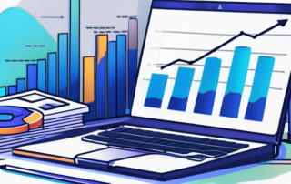 Schreibtisch mit Laptop, Grafiken zu Gehaltstrends, Stapel Wirtschaftsbuecher und Taschenrechner zur Forschung von Einstiegsgehaeltern.