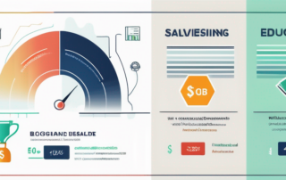 Grafik zeigt Gehaltsvergleich vor und nach Weiterbildung mit Bildungssymbolen wie Buechern und Zertifikaten zur Hervorhebung finanzieller Vorteile beruflicher Weiterentwicklung.
