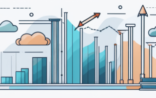 Abstraktes Diagramm mit Pfeilen und Balken, die Gehaltsniveaus in verschiedenen Branchen sowie Symbole fuer Bildung und Standort auf professionellem Hintergrund darstellen.