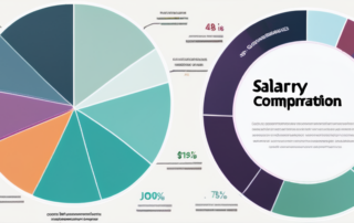 Grafische Darstellung mit bunten Kreisdiagrammen und Balkendiagrammen zu Gehaltsvergleichen in verschiedenen Branchen und Berufsrollen, wichtige Statistiken hervorhebend.