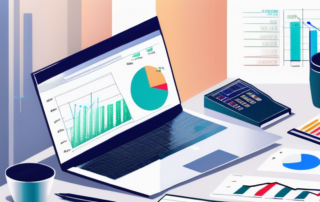 Laptop mit Diagrammen und Notizbuch auf einem organisierten Schreibtisch, ideal fuer Gehaltsvergleiche auf Einstiegsniveau.