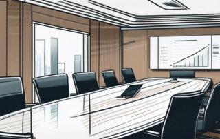 Formaler Besprechungsraum mit Konferenztisch und leeren Stuehlen, vorbereitet fuer Gehaltsverhandlungen, mit Dokumenten, Stiften und digitalem Tablet auf dem Tisch.