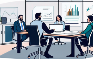 Professionelle Verhandlungsumgebung mit Tisch, Dokumenten, Diagrammen und Technologie wie Laptops fuer Gehaltsverhandlungen, ohne sichtbare Personen.